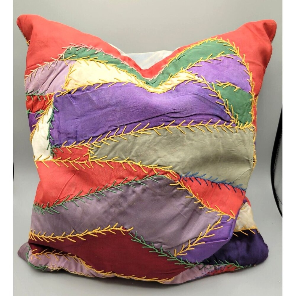 Vintage Crazy Quilt Pillow Satin Silk Multicolor Fabric Square 15 x 15